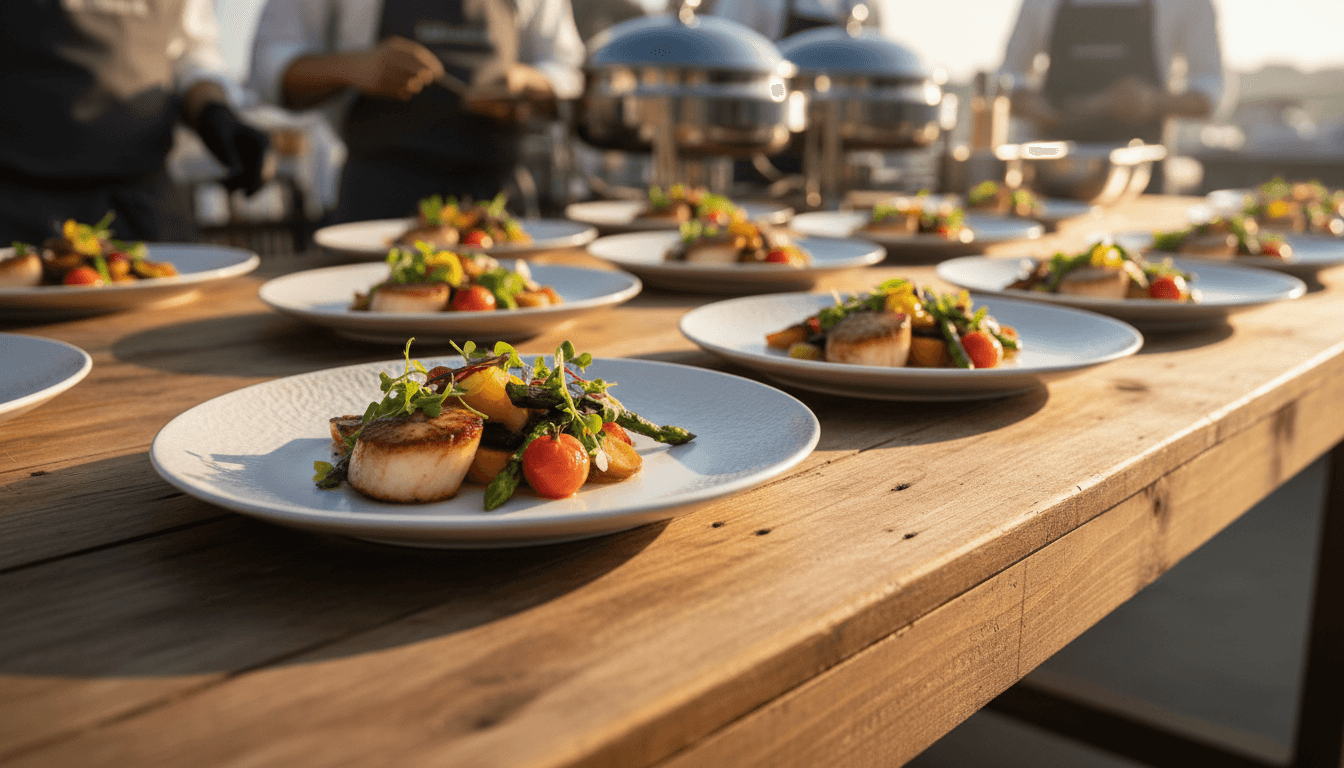 Elegantly plated catering dish with fresh seasonal ingredients on white dinnerware