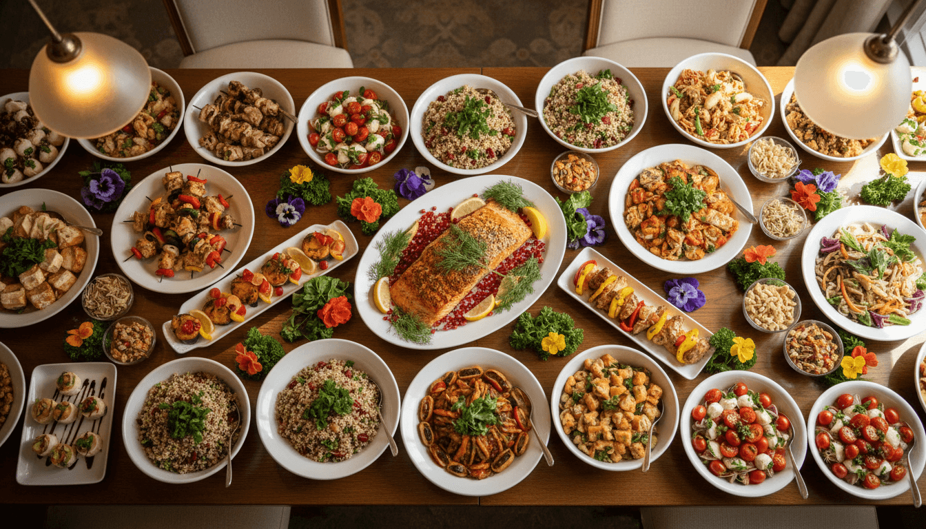 Beautifully arranged catering spread with appetizers and entrees on white platters