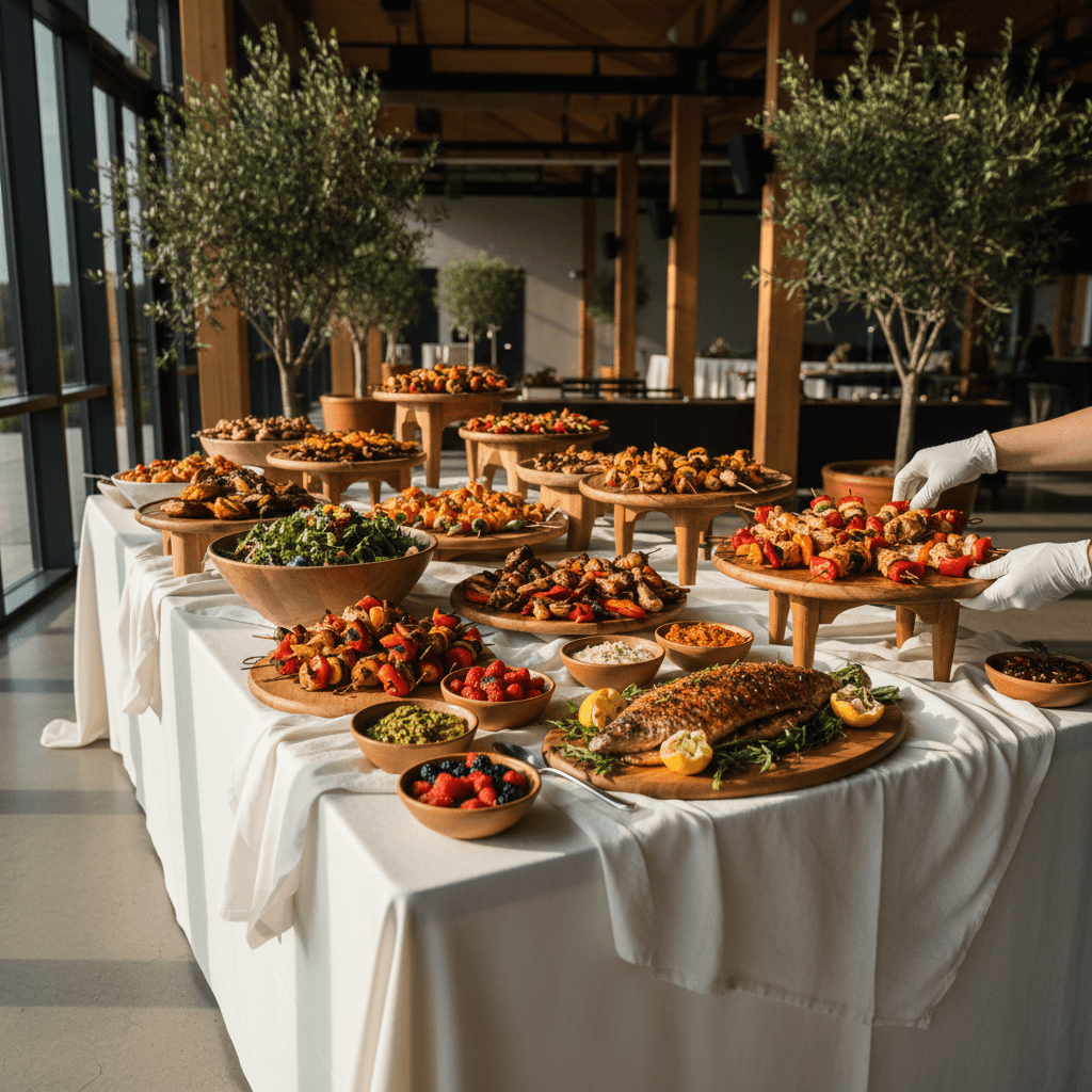 Caterer arranging dishes on a professional buffet table