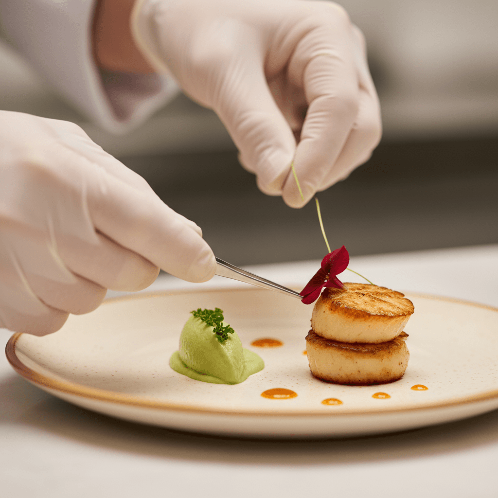 Hands finishing a plated dish with precise culinary technique