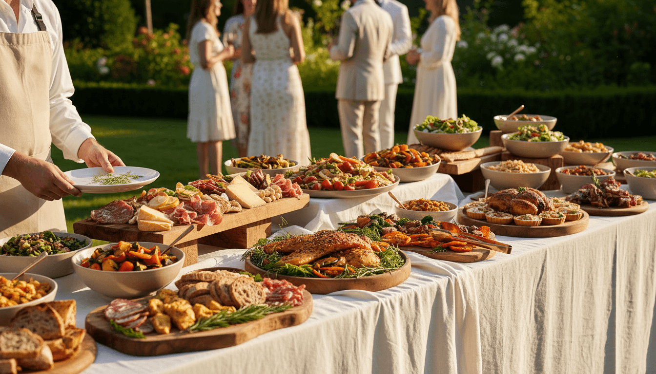 Elegantly arranged catering table with fresh seasonal dishes and professional service at an outdoor Georgia event