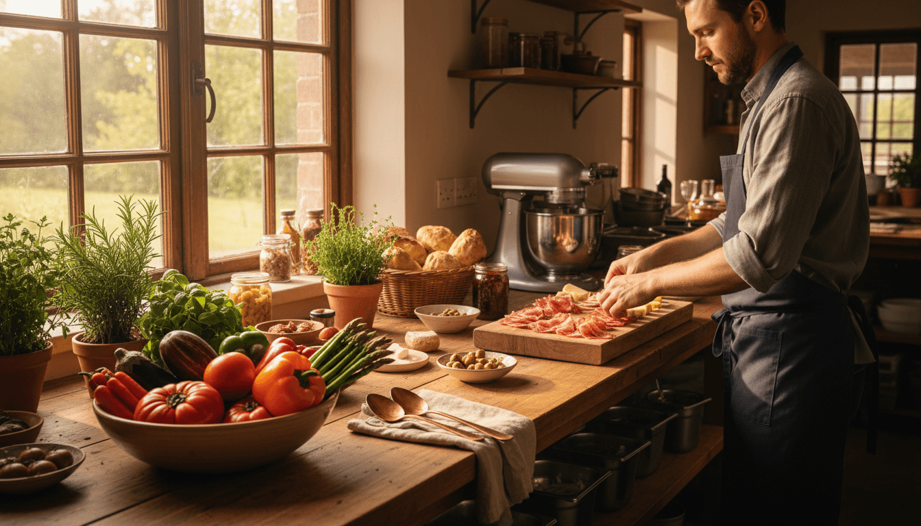 Professional catering preparation with fresh ingredients on wooden countertop in warm natural light