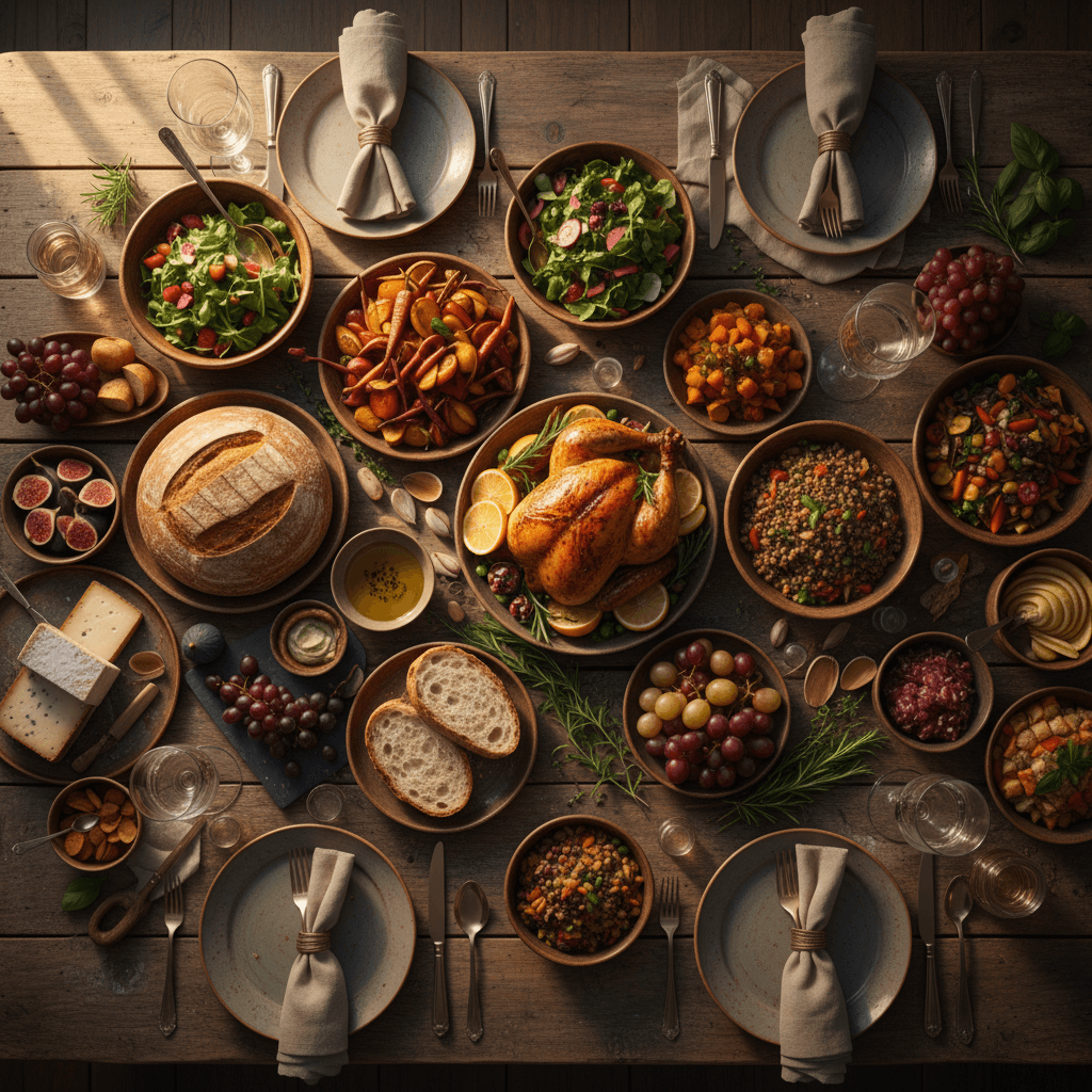 Full overhead view of catered dishes and serving presentation