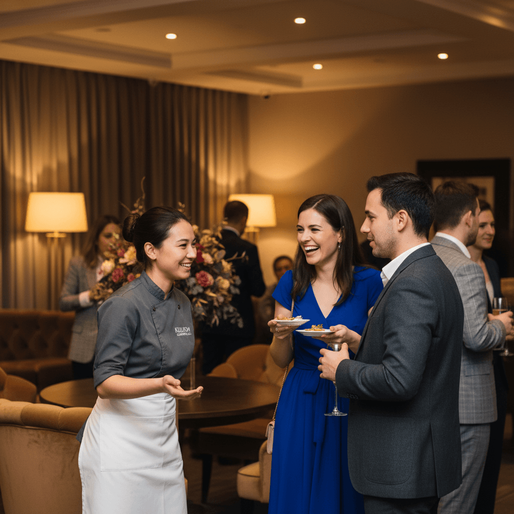 Professional catering staff engaging with guests