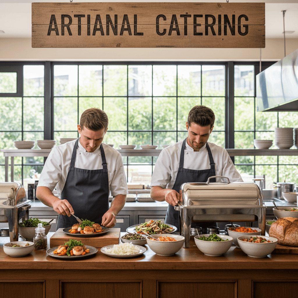 Catering team members preparing and plating food together